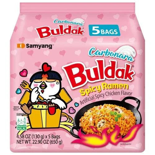 Spicy Samyang Buldak Ramen package with fiery red noodles and seasoning, ready for a flavorful Korean ramen experience.