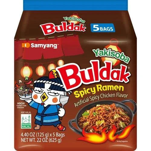 Spicy imported Samyang Buldak ramen in a bowl with noodles, sauce, and garnishes, ready to enjoy.