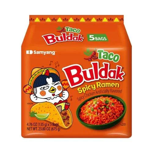 Spicy Samyang Buldak Ramen bowl with noodles, chili flakes, and seasoning, ready to enjoy a fiery Korean ramen experience.