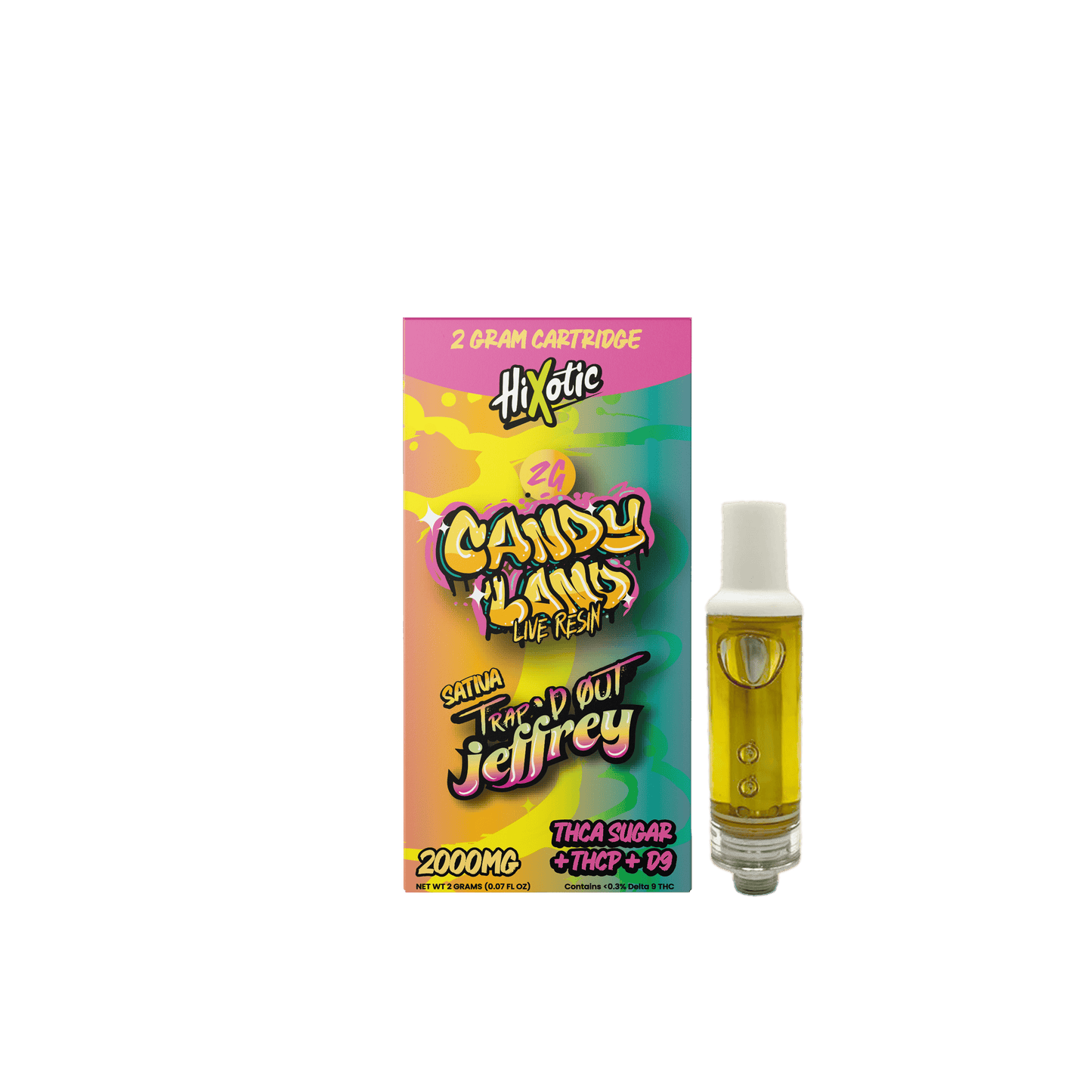 Trap'd Out Jeffrey 2G Cartridge featuring the brand's logo and design on a clear vape cartridge.