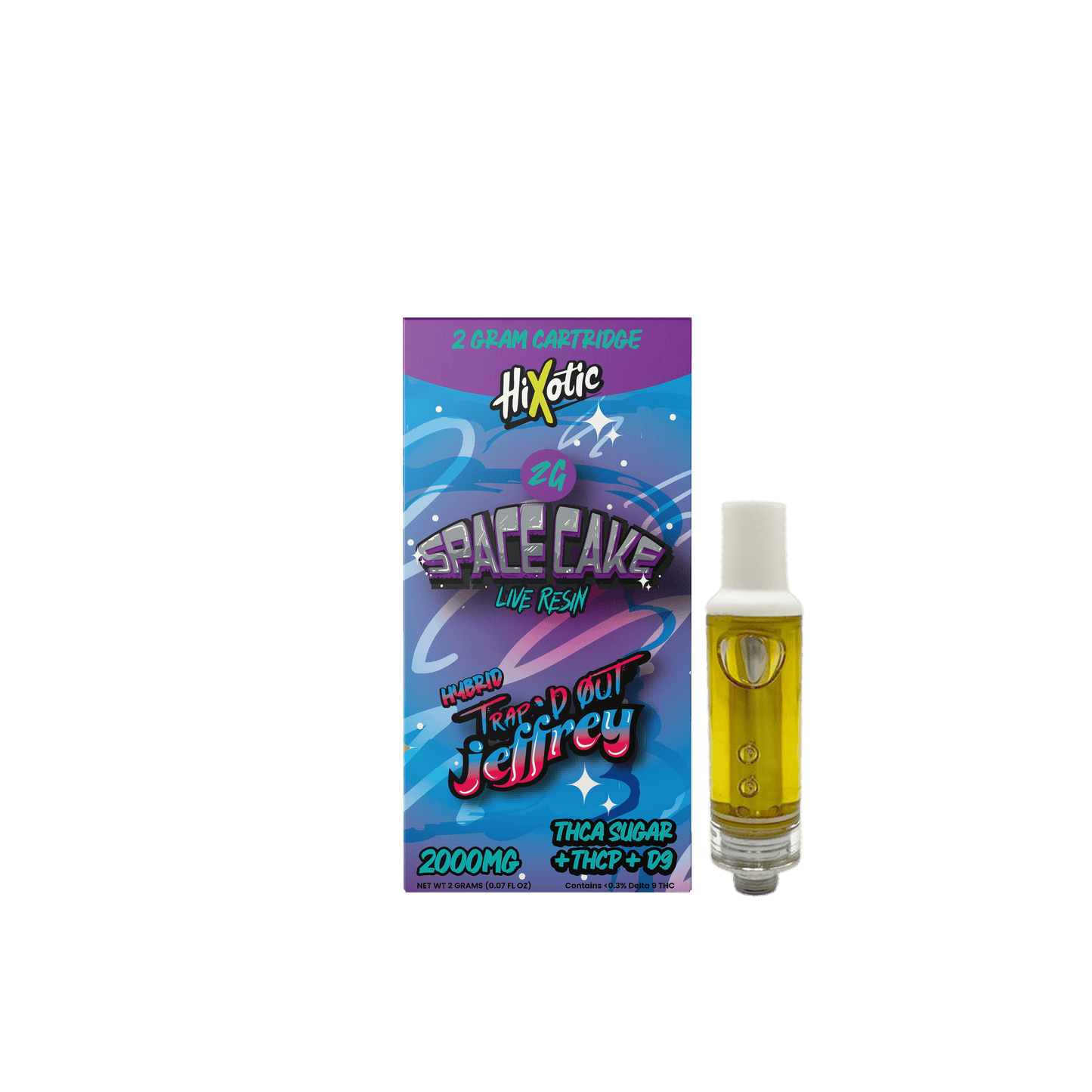 Trap'd Out Jeffrey 2G cartridge with colorful label and clear nozzle tip, designed for vaping.