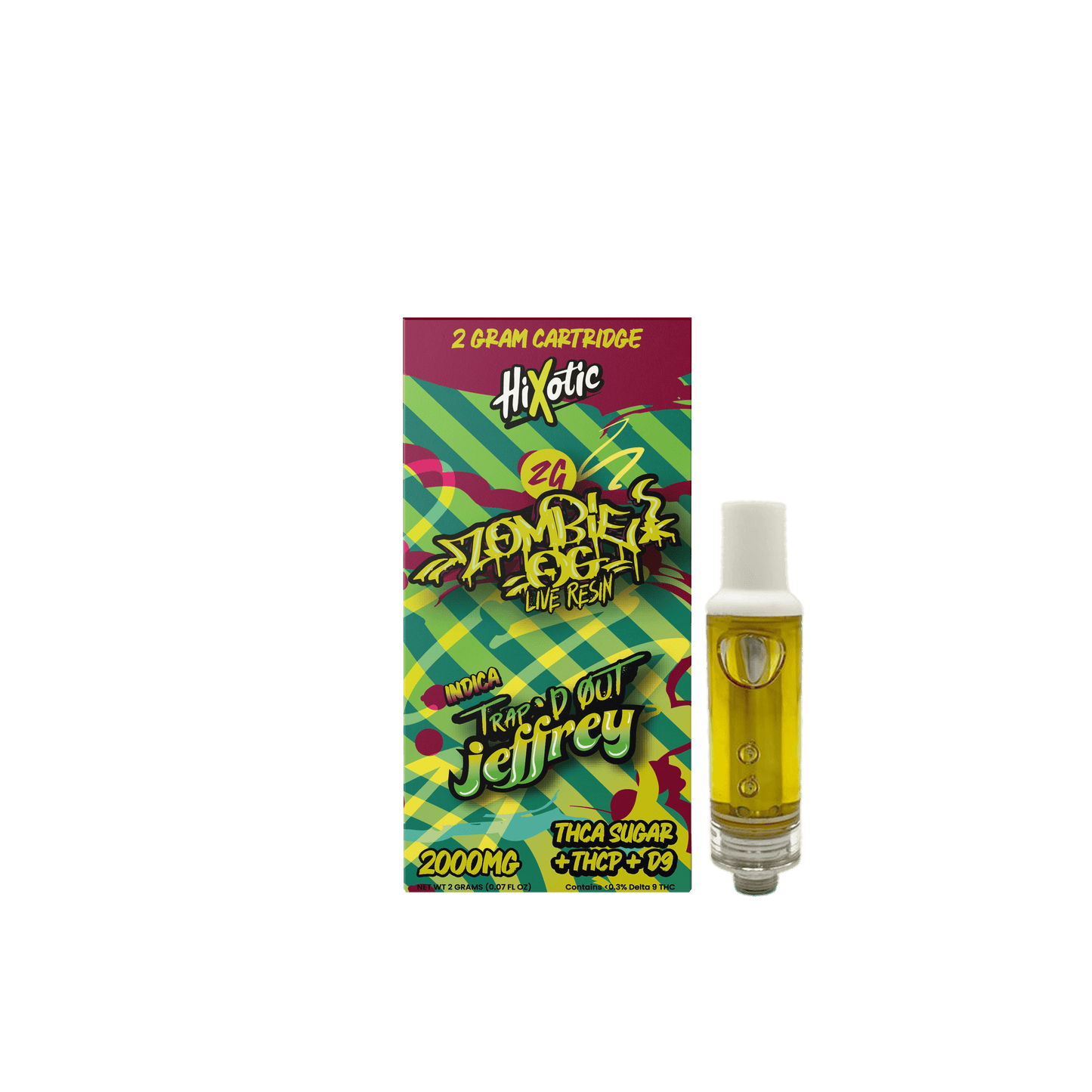 Trap'd Out Jeffrey 2G Cartridge showing a sleek cannabis cartridge with branding, designed for vaporizer use.