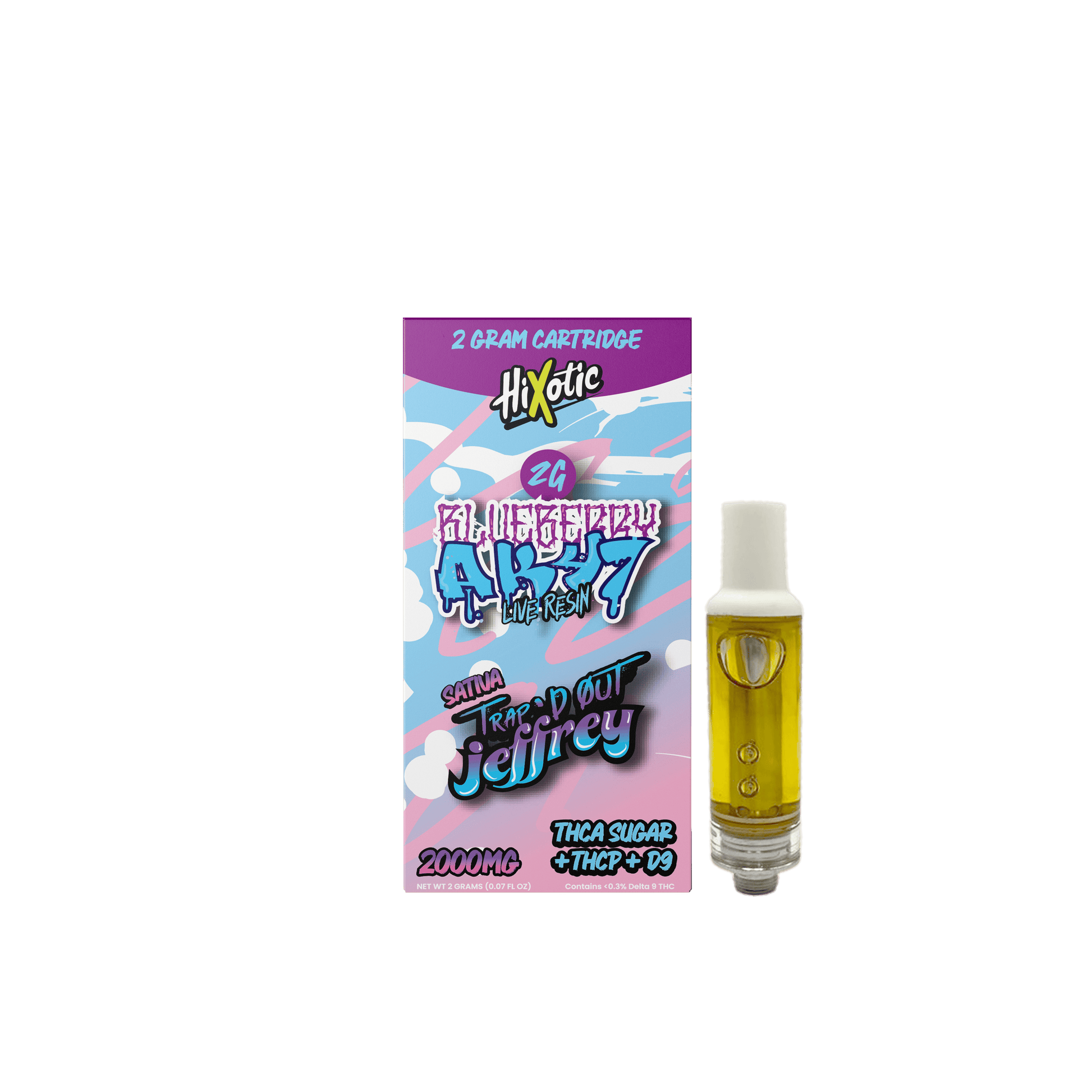 Trap'd Out Jeffrey 2G Cartridge, a cannabis oil cartridge with a Bak-47 design from Trap'd Out Jeffrey, displayed in the image.