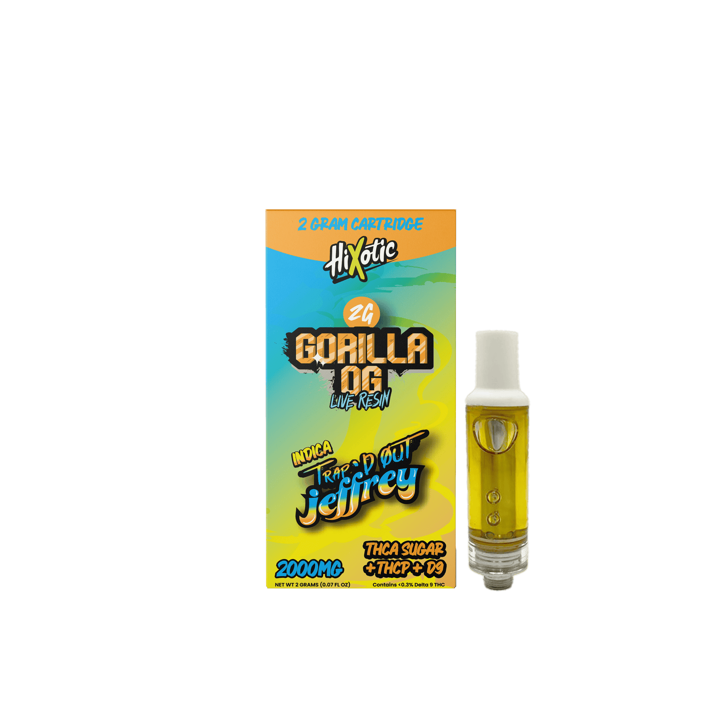 Trap'd Out Jeffrey 2G cartridge with colorful packaging, showcasing a sleek cannabis oil cartridge for vaping.