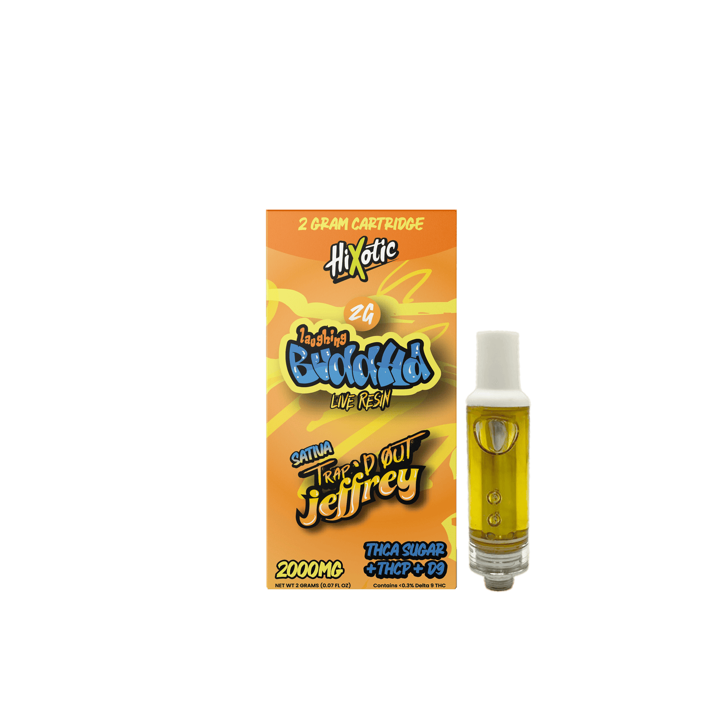 Trap'd Out Jeffrey 2G cartridge, a cannabis oil vape cartridge from Trap'd Out Jeffrey, showing the clear container with product branding.