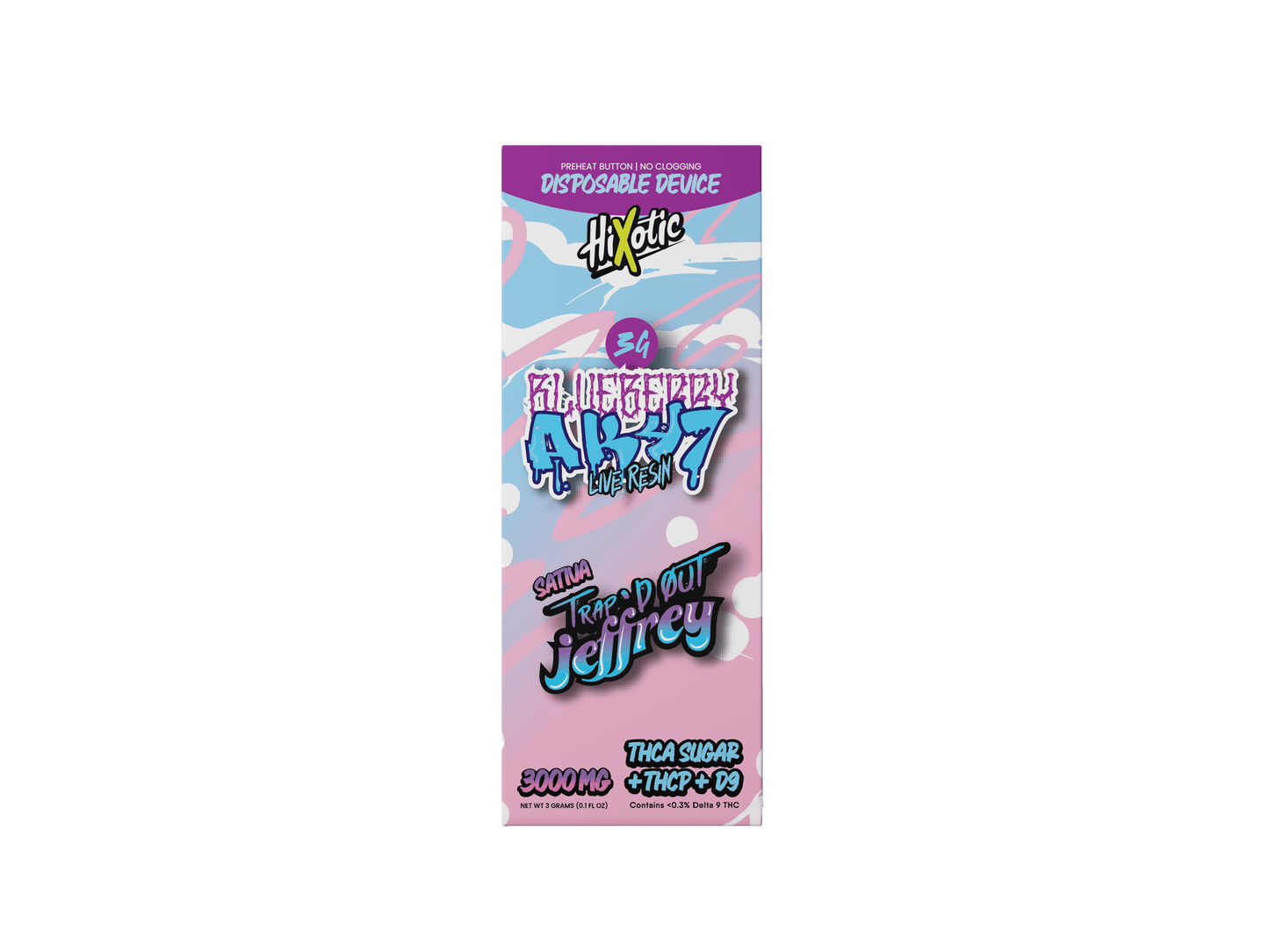 Trap'd Out Jeffrey 3G Disposable vape device with colorful vector design and compact cylindrical shape.