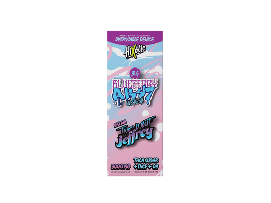 Trap'd Out Jeffrey 3G Disposable vape device with colorful vector design and compact cylindrical shape.