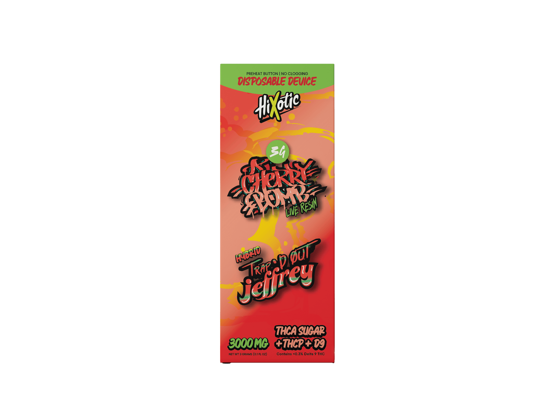 Trap'd Out Jeffrey 3G Disposable vape device with colorful vector design and compact shape.