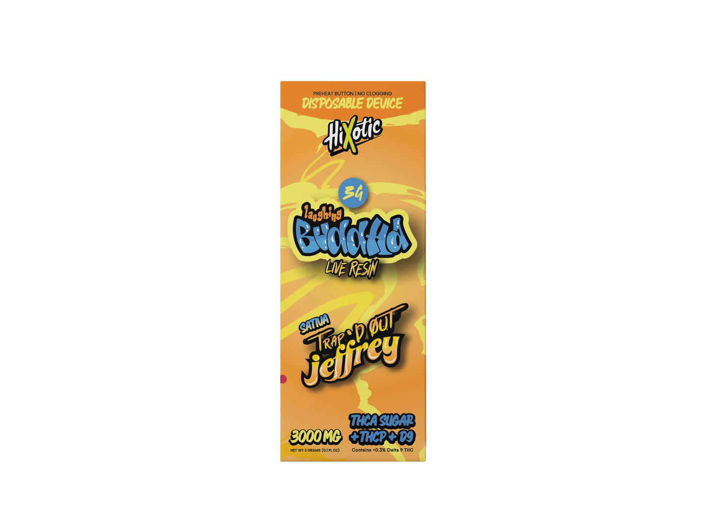 Trap'd Out Jeffrey 3G Disposable vape device with sleek design and colorful vector artwork.