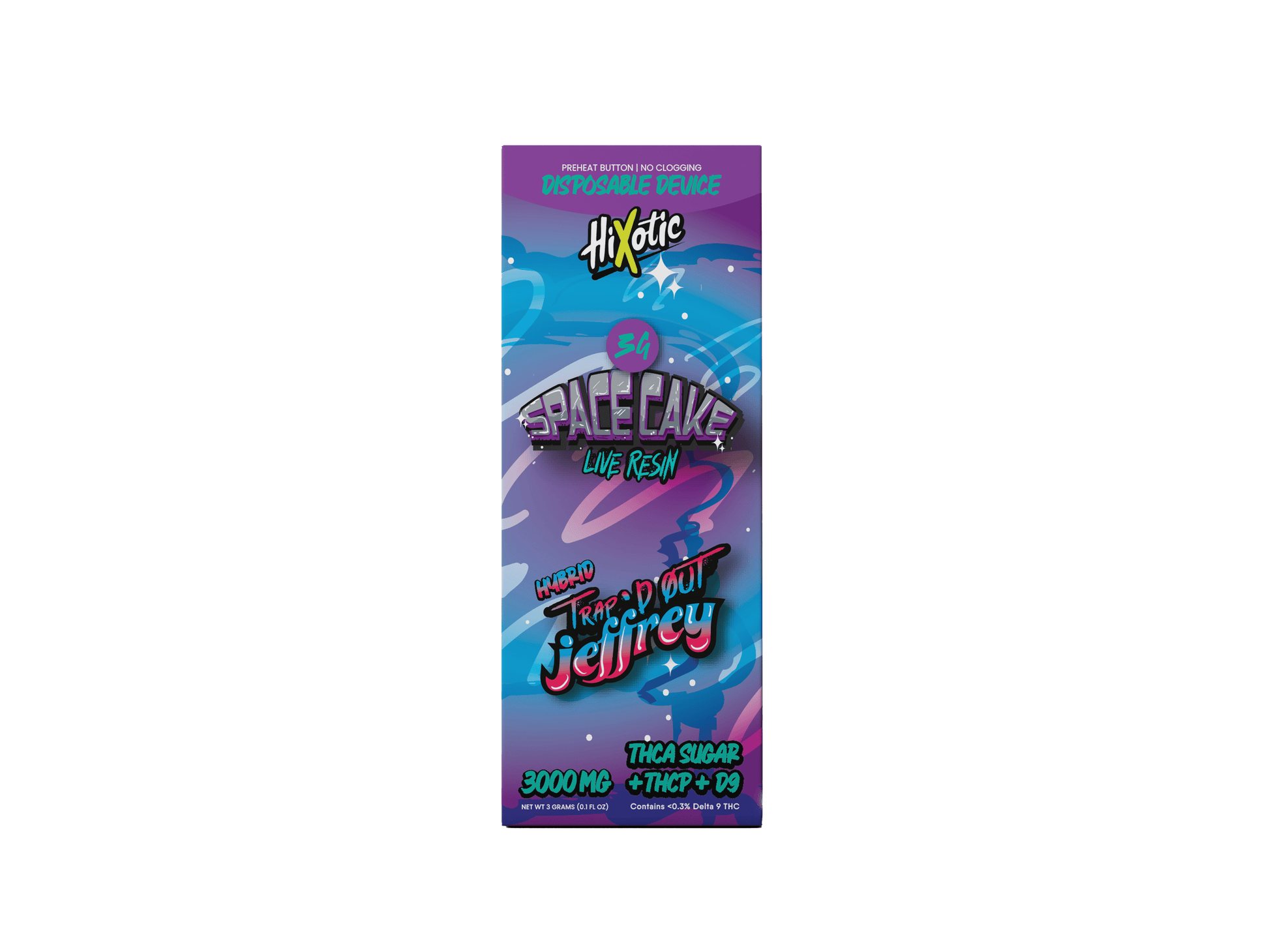 Trap'd Out Jeffrey 3G Disposable vape device with colorful vector design and compact shape, designed for discreet vaping.