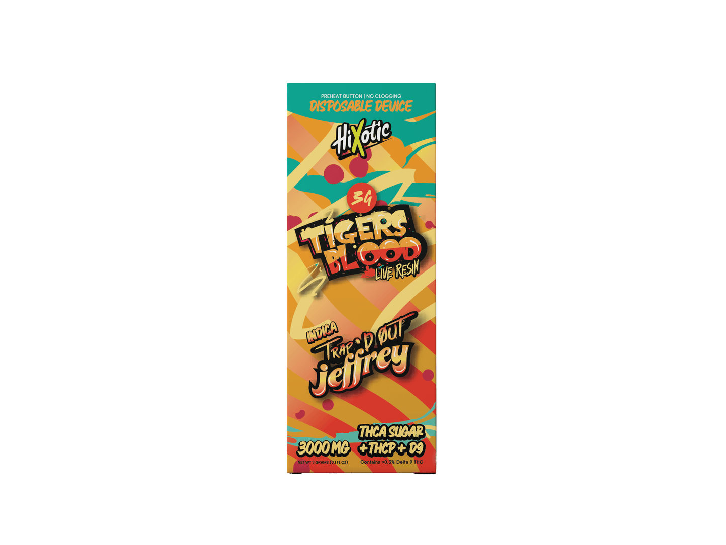Trap'd Out Jeffrey 3G Disposable vape device with colorful vector design, featuring sleek compact shape and vibrant graphics.