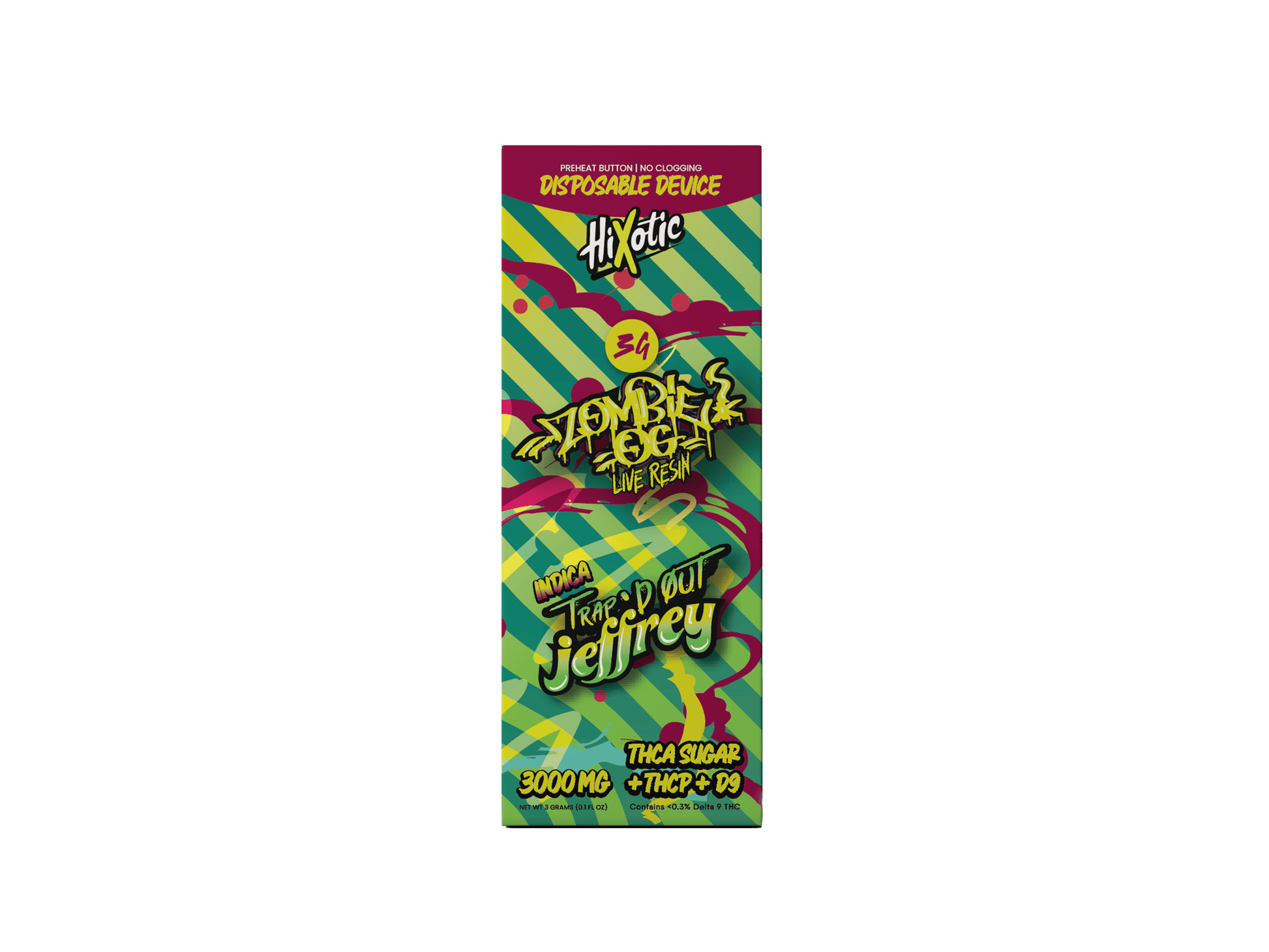 Trap'd Out Jeffrey 3G Disposable vape device with colorful vector design, compact and portable for on-the-go use