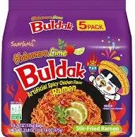 Spicy Samyang Buldak Ramen in a bowl with noodles, sauce, and garnishes, showcasing the imported Korean ramen brand.