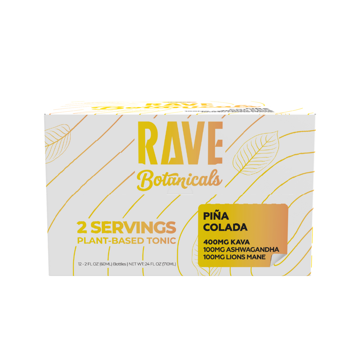 Rave Botanicals Piña Colada kava drink 12-bottle display box