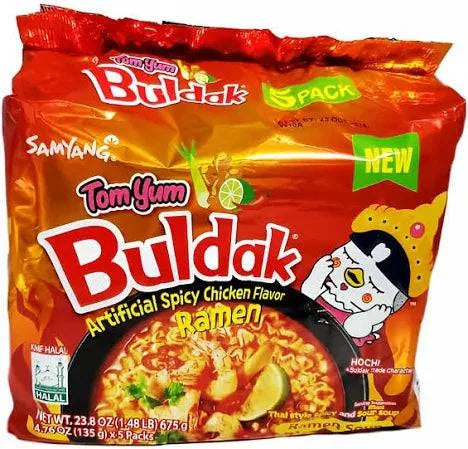 Samyang Buldak Ramen with spicy noodles and seasoning packet, ready to enjoy a flavorful Korean ramen experience.