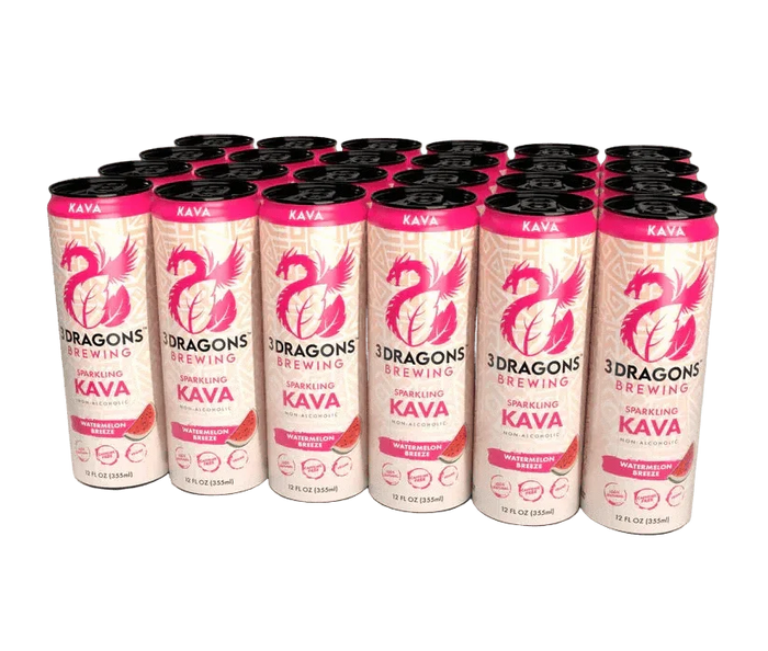 Pink and cream 3 Dragons Brewing Watermelon Breeze kava soda cans arranged in rows
