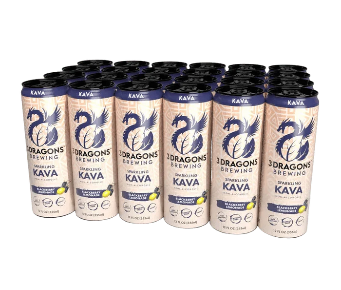 Navy and cream 3 Dragons Brewing Blackberry Lemonade kava soda cans arranged in rows